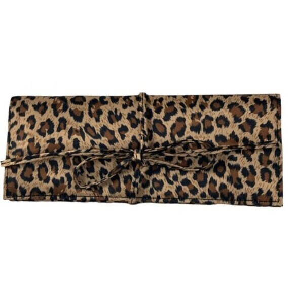 Jewelry Roll Leopard Animal Print Travel Case Satin Brown Black Tan Multicolor - Picture 1 of 16